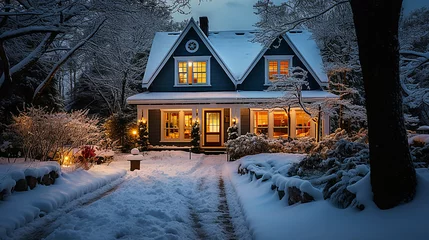Foto op Canvas Exterior of Scandinavian house lit by warm lighting in the snow © Doraway