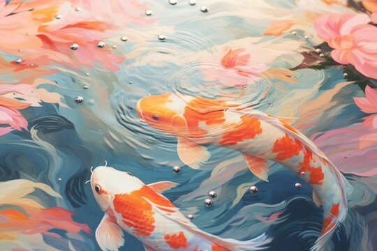 Kohaku Koi - Japanese Carp fish in a decorative pond with lilies, searching for food, stylized oil painting