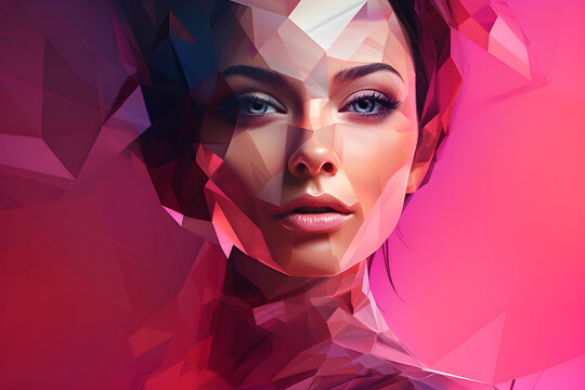 futuristic abstract tech geometric portrait of a woman with on pink background
