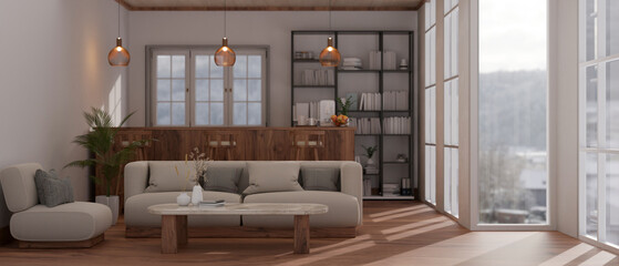 Luxury modern living room with a couch, a coffee table, a wooden counter bar and stools in the back