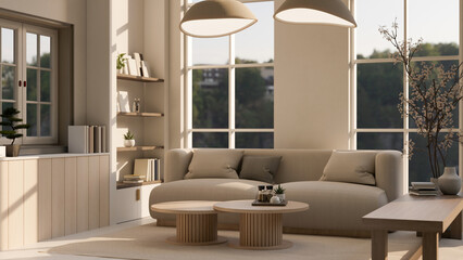A modern, contemporary beige living room with a comfortable couch, a coffee table, and accessories.