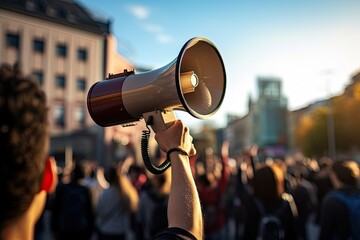 Gripping megaphone with voice in demonstration