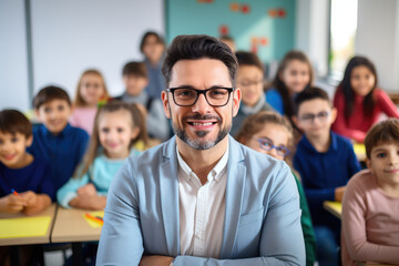 Portrait of a smiling male teacher in an elementary school class, surrounded by attentive students. Perfect for illustrating the joy of teaching and learning.