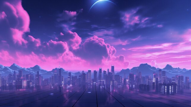 Lo-fi vaporwave aesthetic wallpaper, city skyscrapers, and streets at night in nostalgic pastel purple colors