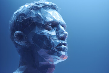 portrait of low poly geometric 3D faceted render of man against a blue background - obrazy, fototapety, plakaty