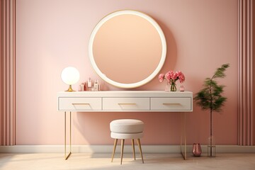 A stylish and modern dressing table featuring a round mirror