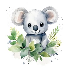 Happy cute koala in leaves in the watercolor style on the white background.