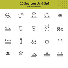 Set of Vector Line Icons Related to Sun Protection. Contains sun glasses, sun protection, sun screen. Strokes can be Edited