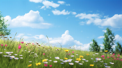 Obraz premium meadow with flowers and blue bright sky
