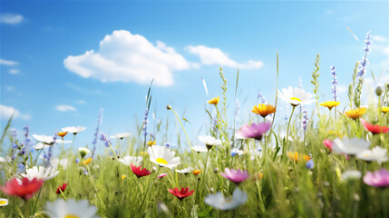 meadow with flowers and blue bright sky