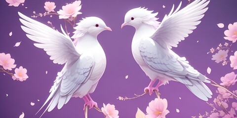 white doves on a pink background, There is a white dove flying over a field of flowers 
