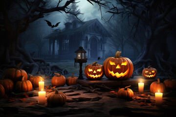 Pumpkin jack lantern adorned with glowing candles set on a rustic table in a spooky forest under the full moon. Perfect for your autumn holiday celebration.