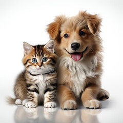 Cute funny dog and cat together on white background
