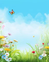 Keuken spatwand met foto meadow with flowers and blue bright sky © Maizal