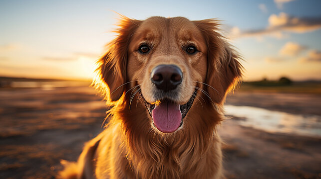 Beautiful happy and healthy golden retriver dog isolated background. dog studio portrait, front view