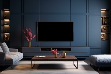 Dark blue wall with TV cabinet in living room. Rendered. Generative AI