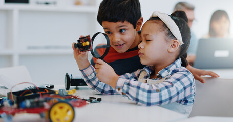Children, magnifying glass and classroom for robotics, education and learning for technology,...