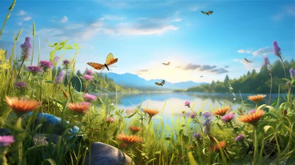 Foto op Plexiglas meadow with flowers and blue bright sky © Maizal