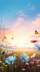 Fototapeta na wymiar meadow with flowers and sunset or sunrise sky