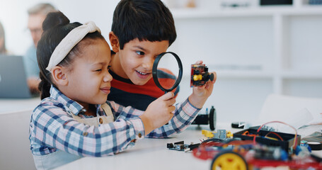 Students magnifying glass and classroom for robotics, education and learning for technology, science and school project. Kindergarten, children or thinking with kids, study and inspection research