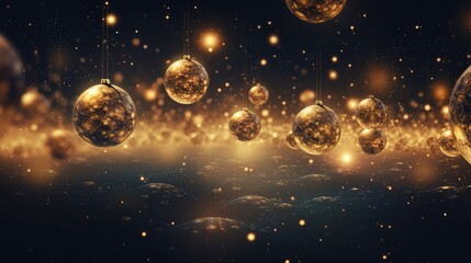 Luxury golden Christmas balls on glowing bokeh background. Generative AI