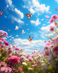 meadow with colorful blossom flowers and butterflies against blue bright sky, spring theme background - 664212463