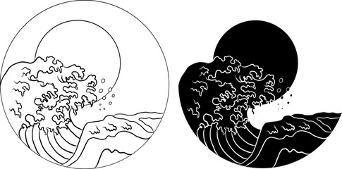 Japanese wave vector illustration for T-shirt.Traditional Chinese wave and sunrise.Beautiful line art of nature for printing on shirt.Asian art for doodle and painting on background.