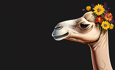 Camel head on black background and flowers