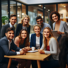 Happy businesspeople smiling cheerfully during a meeting in a creative office, Group of successful business professionals working as a team in a multicultural workplace