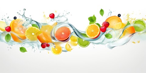 Swirl water splash with fruits. liquid flow with ice cubes and a mix of fresh fruits. © Ahasanara