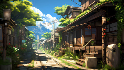 anime houses on a wooden road with tree branches - obrazy, fototapety, plakaty