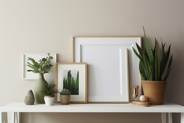 A white frame displayed on a shelf. Generative AI