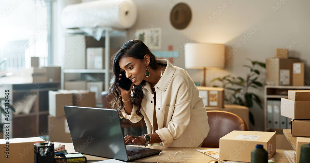 Aufkleber woman, phone call and laptop, ecommerce and logistics with communication and small business owner. s