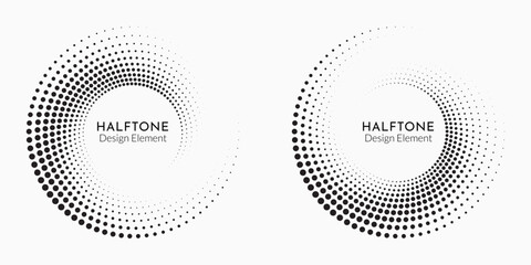 Halftone circular frame logo set. Circle dots isolated on the white background. Fabric design element. Halftone circle dots texture. Vector design element for various purposes.	