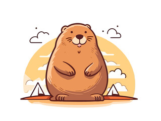 Doodle Sun shining on groundhog, cartoon sticker, sketch, vector, Illustration, minimalistic