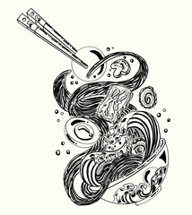 Traditional Japanese ramen and wave for restaurant printing on wallpaper.Ramen vector illustration for doodle art.Sunrise with chopsticks vector for painting on background.