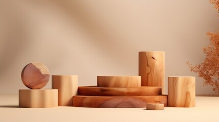 Wooden podium, wooden pieces on beige background for product placement