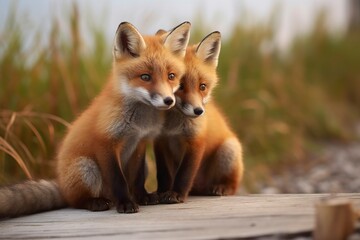 Wild baby red foxes cuddling at the beach.