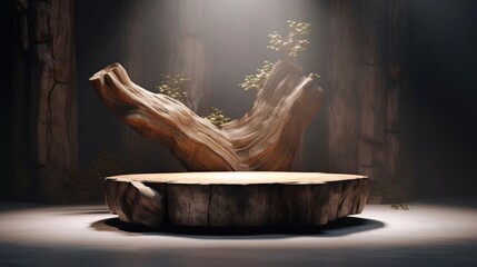 Realistic wooden podium, resembling a cross-section of a tree trunk - obrazy, fototapety, plakaty