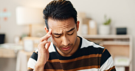 Frustrated man, headache and stress in anxiety, mistake or overworked in logistics at office. Closeup of male person with migraine, mental health or depression in fatigue, fail or bankruptcy and debt - obrazy, fototapety, plakaty