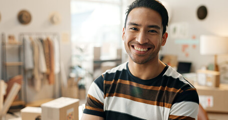 Portrait, happy and a designer man in his workshop for supply chain logistics, shipping or...