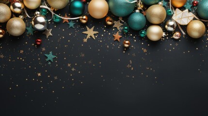 Luxury multi-colored New Year's balls and toys on a dark background on Christmas Eve, copy space.