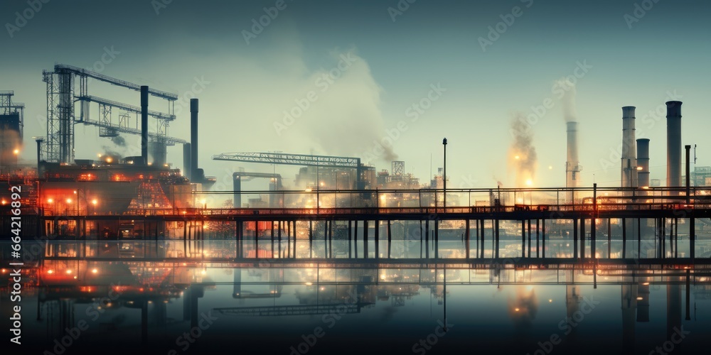 Poster a large factory with smoke coming out of it