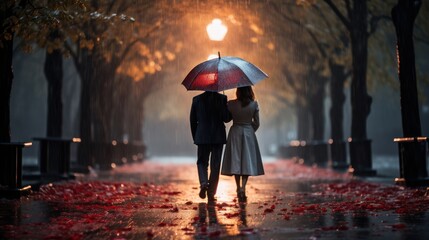 Couples, hand in hand, wander in the rain, their shared moments wrapped in romance - obrazy, fototapety, plakaty