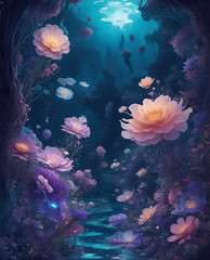 Fototapeta na wymiar Fantasy postcard: Surreal, ethereal floral composition with vibrant colors and dreamlike qualities.