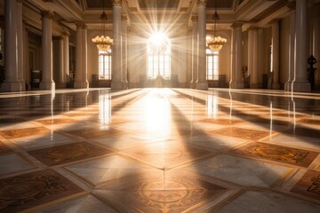 Naklejka premium The sun shines brightly through the windows of a large building. Generative AI.