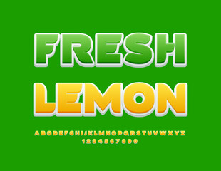 Vector creative emblem Fresh Lemon. Modern Yellow Font. Artistic Alphabet Letters, Numbers and Symbols set