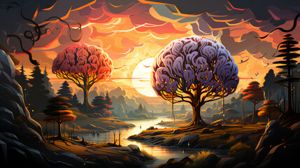 Abstract multi-colored fairy-tale trees against the background of a river and fields at sunset