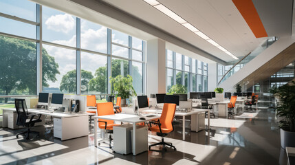 Modern office spaces shine with sleek designs, promoting productivity and collaboration - obrazy, fototapety, plakaty