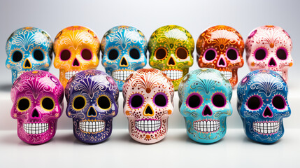 Set of colorful sugar skull on white background